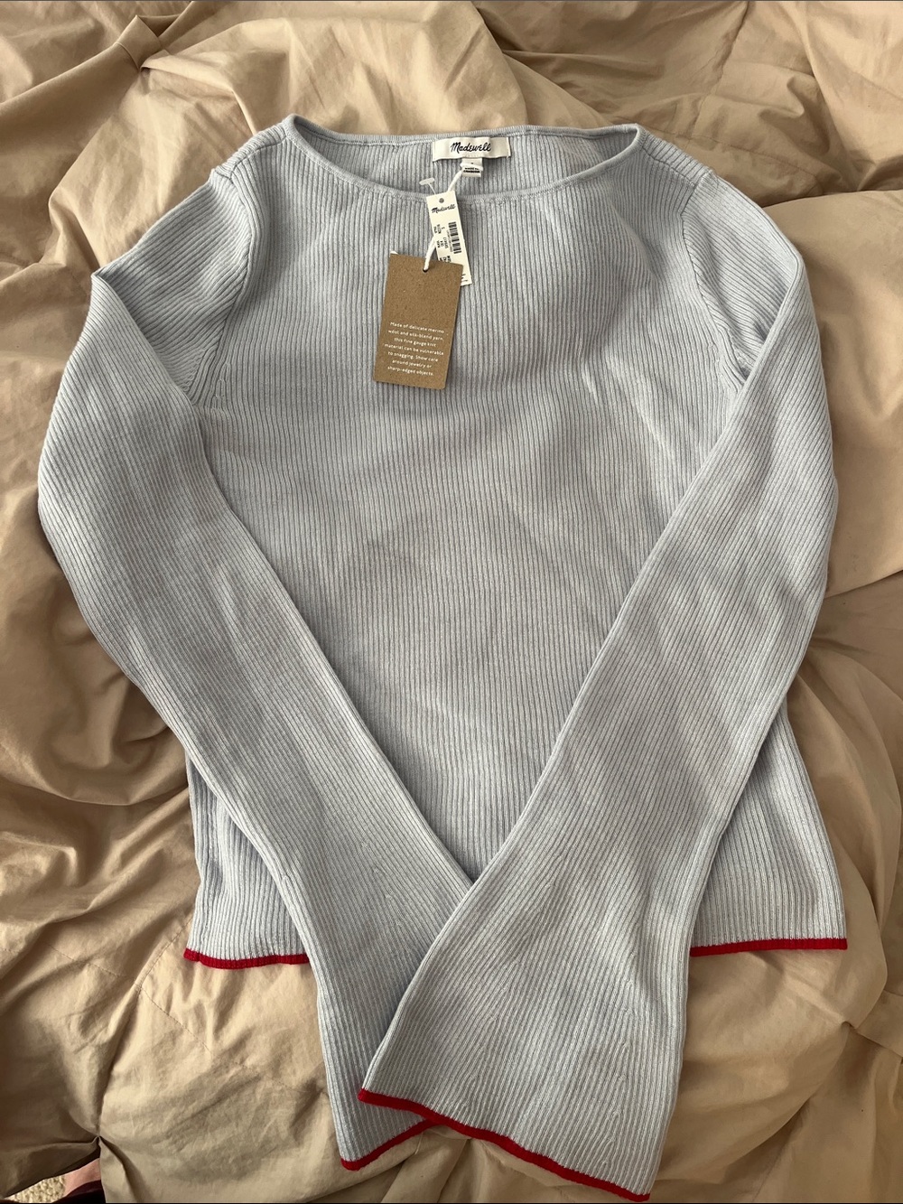 Madewell Pale Blue Ribbed Crewneck Sweater with Red Edge